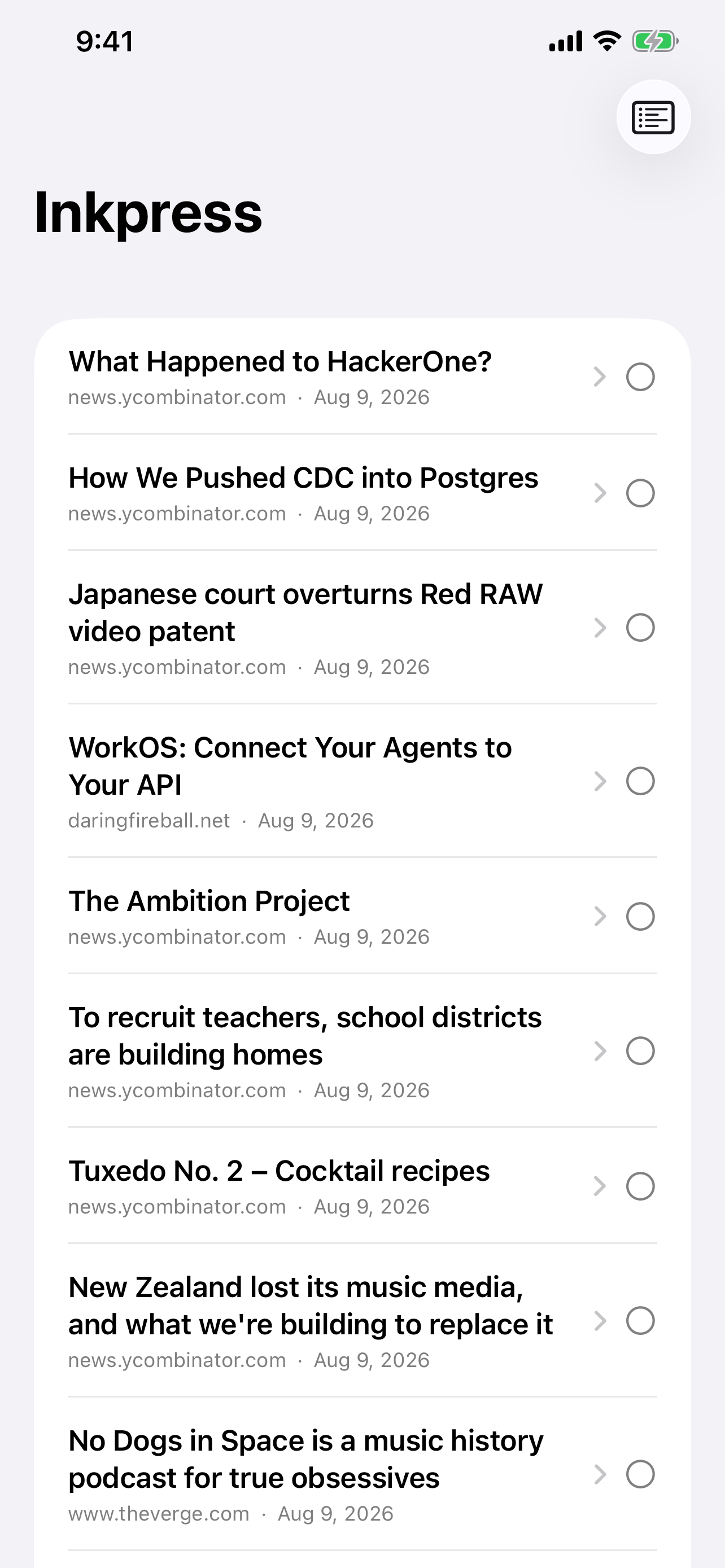 Inkpress on iPhone showing a merged feed list with entries from Hacker News, Daring Fireball and The Verge