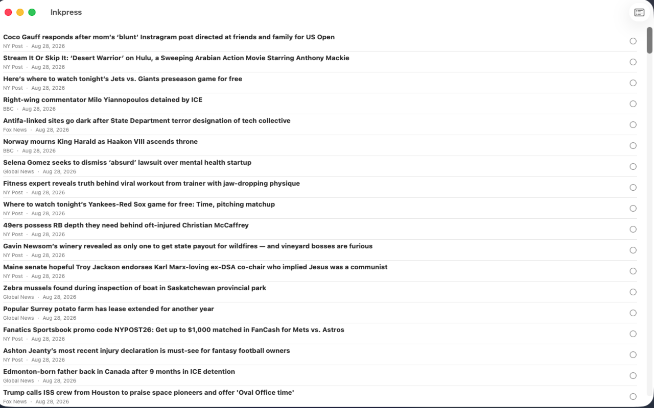 Inkpress on macOS showing the merged feed list in a window